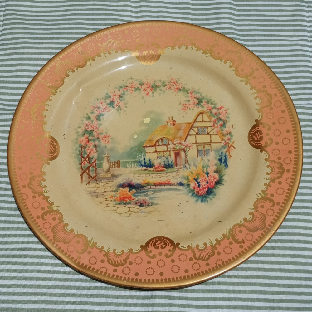 Vintage Baret Ware Cottage Tin Plate 10" Made in England Flower Garden
